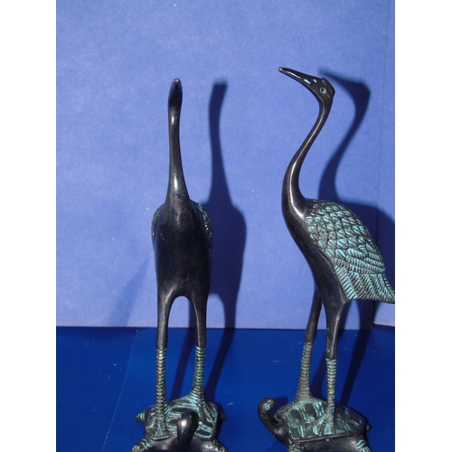 37 - A pair of Chinese bronze storks on tortorsies 19cm tall