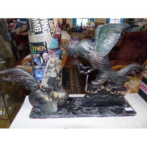 70 - A large & heavy quality French marble based fighting cocks garniture 75cm x 45cm. (collection only o... 