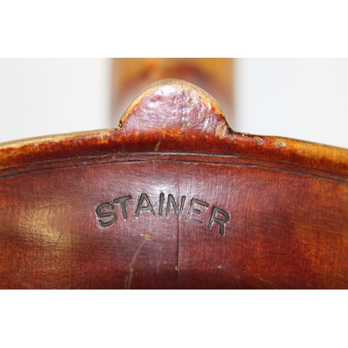 27 - A Stainer violin & two bows in a coffin case with paper label inside which reads ' Jacubus Stainer' ... 