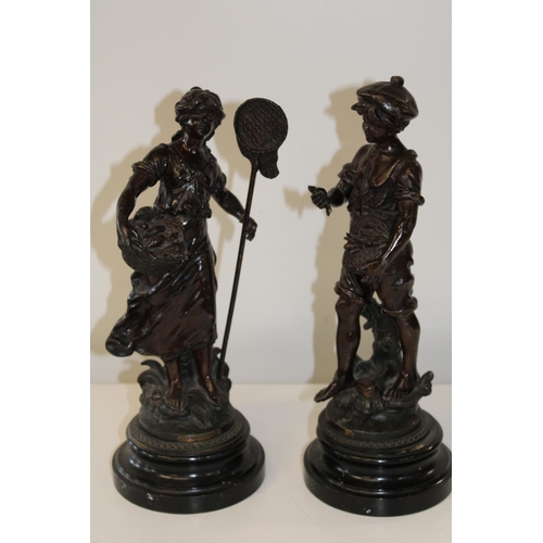 64 - Two quality spelter figures on wooden bases with signatures & foundary marks. 42cm tall