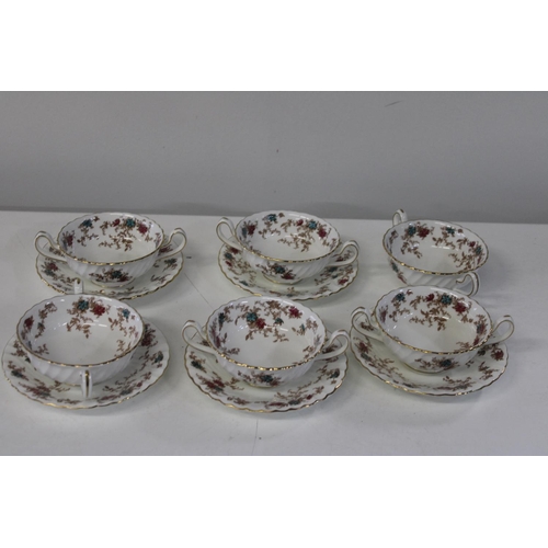 1077 - Six Minton's handled soup bowls & five saucers 'Ancestral' pattern