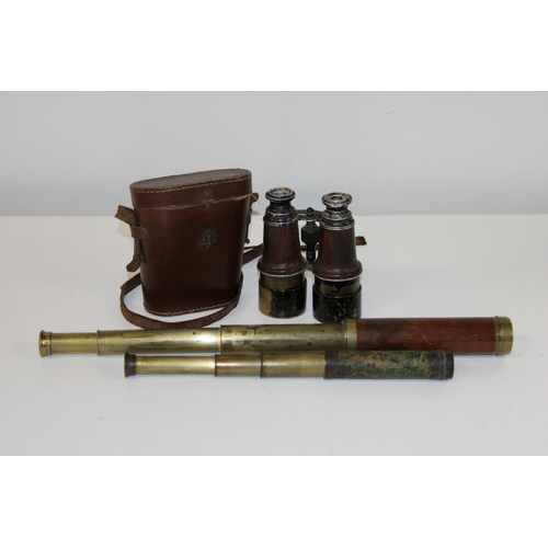 10 - Two three draw telescopes ( one stamped Silberrad London) & pair of binoculars