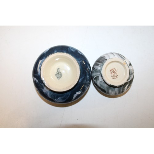 537 - Two Macintyre / Moorcroft? salts in agate style glaze. c1900 3 1/4 inches & 2 1/4 inches in diameter