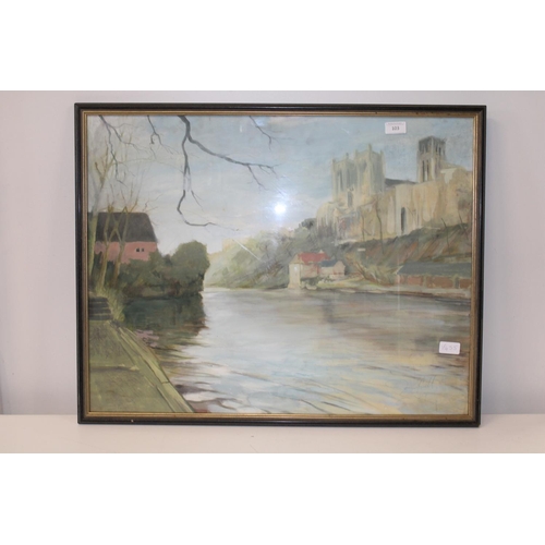 104A - A framed water colour of Durham Cathedral signed David Hall. 60cm x 76cm collection only