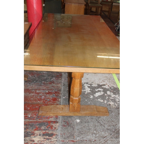 97 - A large vintage Derek 'Lizardman' Slater oak table with carved lizard to one leg. (Derek was an appr... 