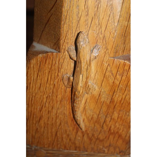 97 - A large vintage Derek 'Lizardman' Slater oak table with carved lizard to one leg. (Derek was an appr... 