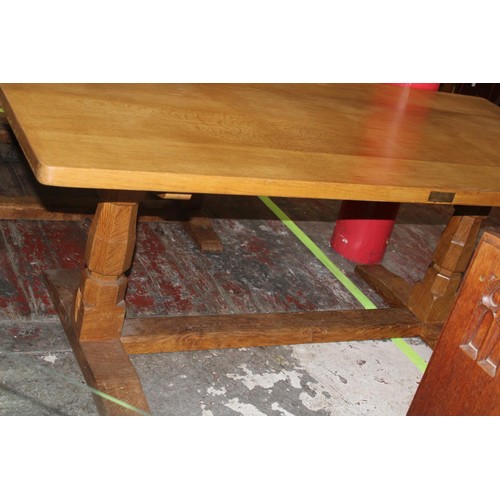 97 - A large vintage Derek 'Lizardman' Slater oak table with carved lizard to one leg. (Derek was an appr... 