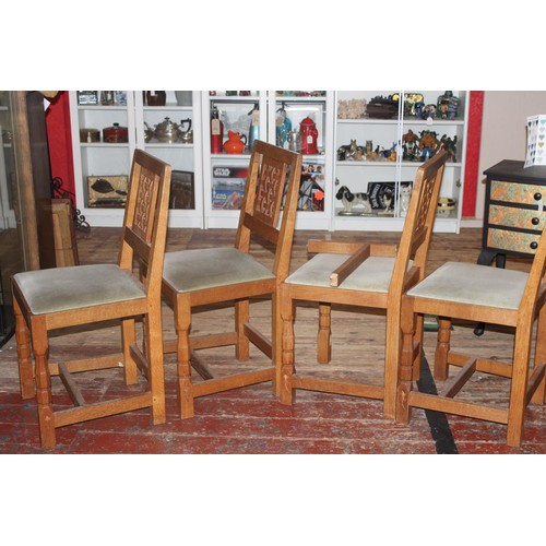 98 - Four vintage Derek 'Lizardman' Slater oak dining chairs with lattice work backs. All with a carved l... 