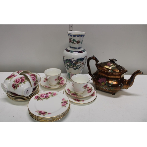 108 - A Queen Anne bone china tea set, Chinese style vase & lustre ware teapot