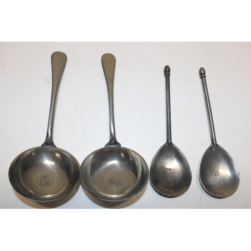 163 - A pair of antique pewter spoons by A.E Williams & a pair of Aquinas Locke pewter spoons