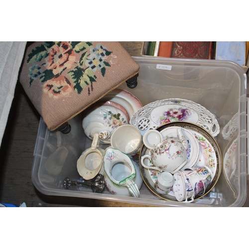 78 - A box of assorted ceramics including a vintage footstool. postage unavailable