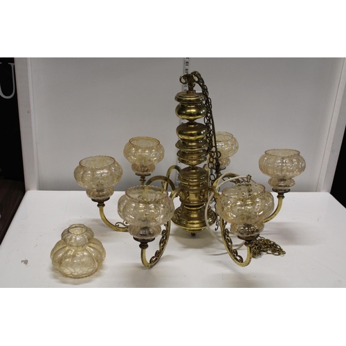 1A - A vintage mid-century heavy brass ceiling light and shades. Postage unavailable