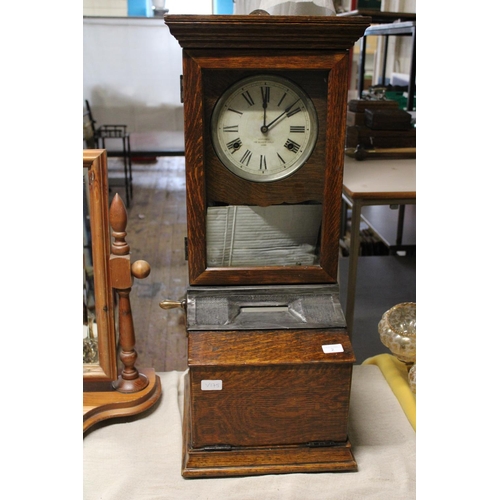 2 - A oak cased international time recording company clock (needs attention) no postage available. Posta... 