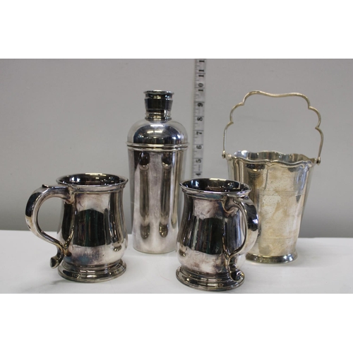 295 - Two silver plated tankards, ice bucket and cocktail shaker