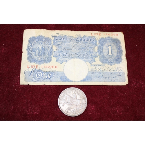 114 - A Peppiatt one pound note & 1935 Rocking Horse Crown