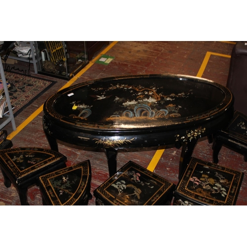 388 - A Chinese Lacquer worked and hand painted table with six stools. collection only