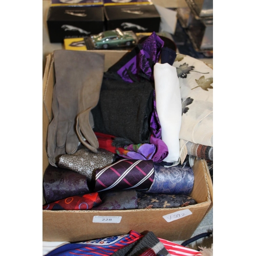 228 - A box of assorted silk ties and scarfs etc.