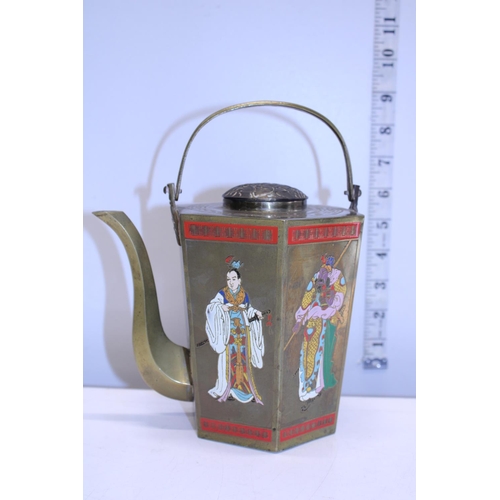 324 - A vintage brass and enamelled Chinese tea pot