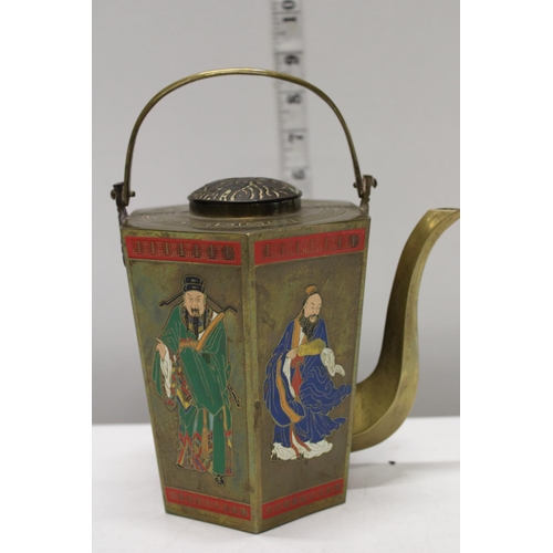 324 - A vintage brass and enamelled Chinese tea pot