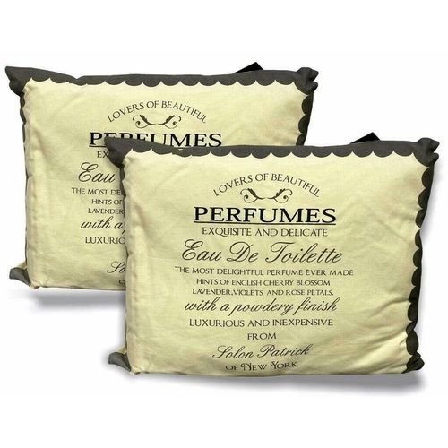 316 - 2 x VINTAGE PERFUME CREAM/GREY 'EAU DE TOILETTE' CUSHIONS - 40CM