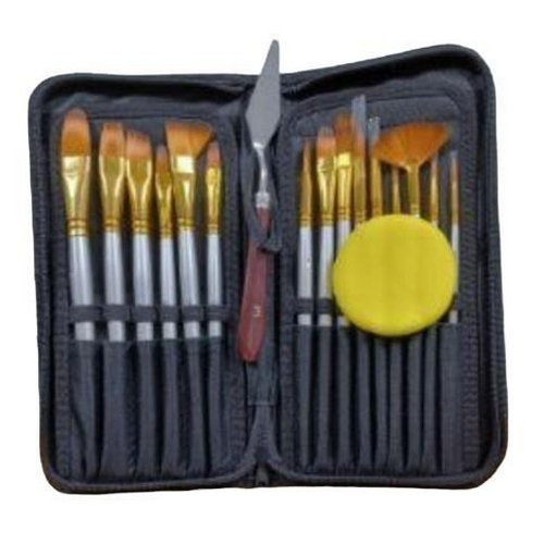 491 - 15 Piece Artists Paint Brush Set & Case Knife & Sponge Included