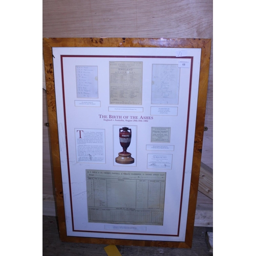 254 - A framed selection of cricketing ephemera for the birth of the ashes, postage unavailable