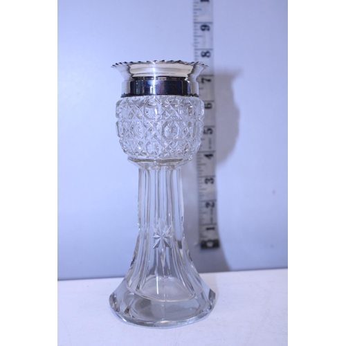 426 - A hallmarked silver rimmed posy vase with hob nail cut finish