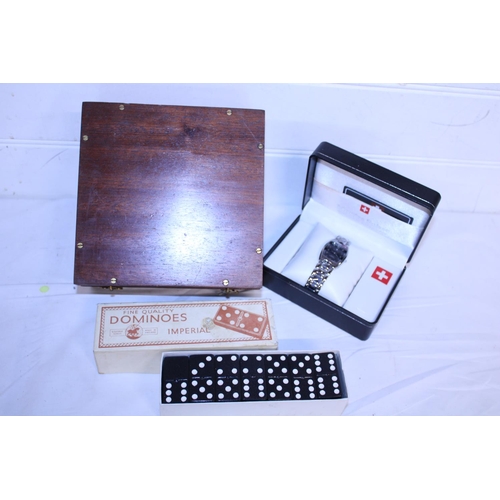 46 - A set of vintage dominoes, a swiss made watch and a treen box