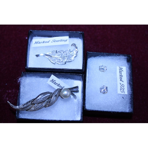 251 - Two Sterling silver brooches and a pair of 925 silver earrings