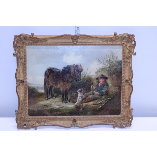 139 - A gilt framed oil on canvas attributed to 'William Shayer 1787-1879 depicting Shepheard boy having h... 