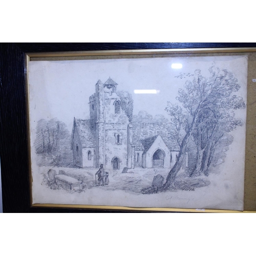 140 - A A.J. Munnings signed pencil drawing of a Church yard scene in a frame 50x38cm