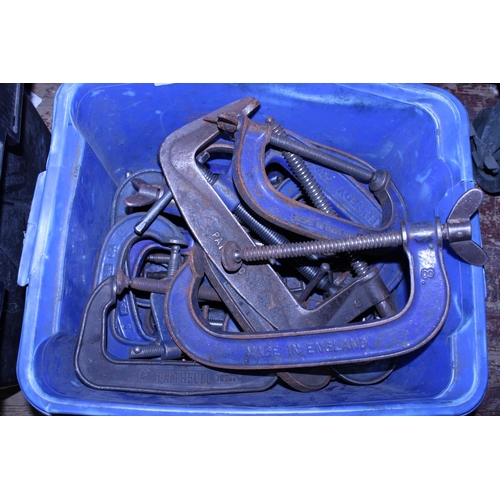 60 - A box full of assorted size G clamps, shipping unavailable