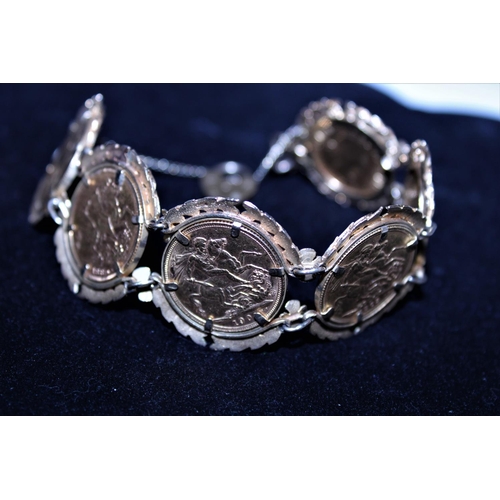 112 - A 9ct gold bracelet with six mounted full 22ct gold sovereigns overall weight 71.71g, approx 48g of ... 