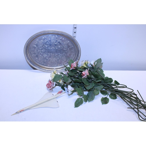 262 - A silver plated tray with ceramic roses and other