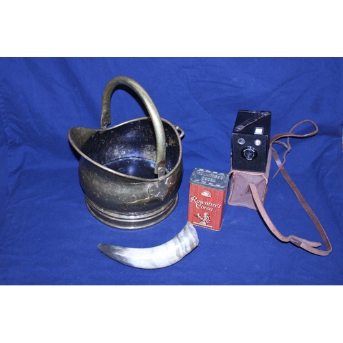 56 - A brass coal bucket and contents of collectables