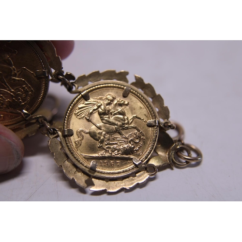 112 - A 9ct gold bracelet with six mounted full 22ct gold sovereigns overall weight 71.71g, approx 48g of ... 