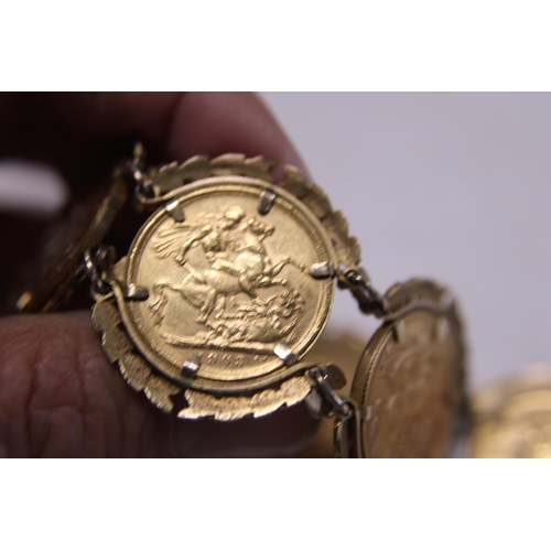 112 - A 9ct gold bracelet with six mounted full 22ct gold sovereigns overall weight 71.71g, approx 48g of ... 