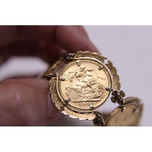 112 - A 9ct gold bracelet with six mounted full 22ct gold sovereigns overall weight 71.71g, approx 48g of ... 