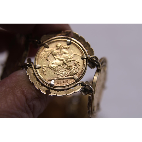 112 - A 9ct gold bracelet with six mounted full 22ct gold sovereigns overall weight 71.71g, approx 48g of ... 