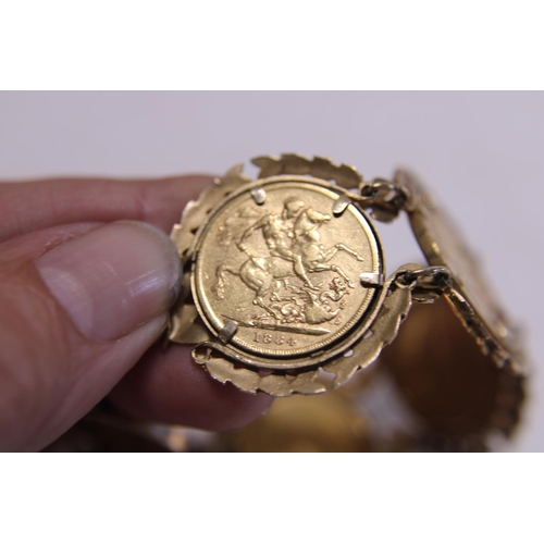 112 - A 9ct gold bracelet with six mounted full 22ct gold sovereigns overall weight 71.71g, approx 48g of ... 