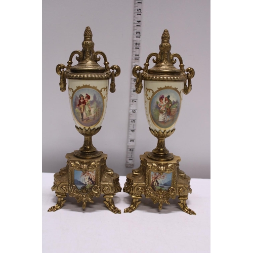 210 - A gilt brass mantle clock with two garnitures, movement by Franz Hermle. Shipping unavailable