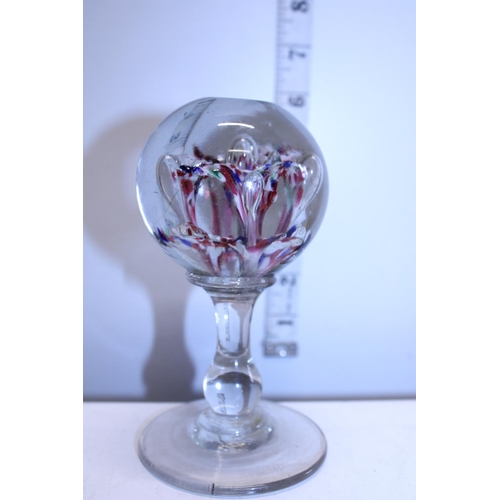 52 - Two Victorian ornamental glass wig stands, each topped with a sulphide paperweight, (taller h21cm, s... 