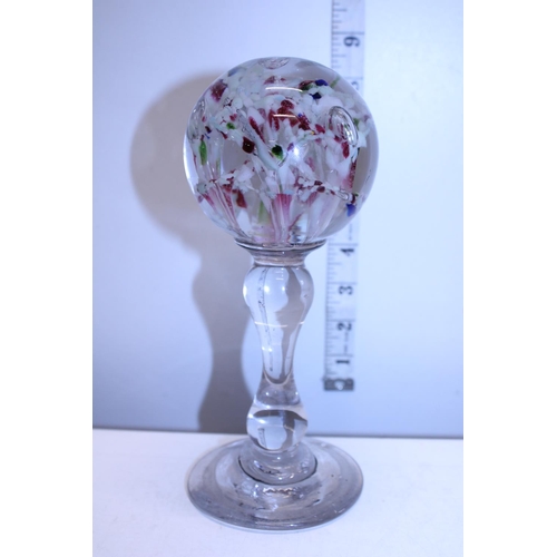 52 - Two Victorian ornamental glass wig stands, each topped with a sulphide paperweight, (taller h21cm, s... 