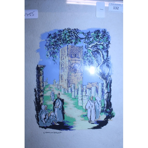 117 - A Govach?? painting c1900 Abbey with Monks in Courtyard 43x32cm shipping unavailable