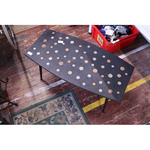 142 - A vintage mid-century coffee table with inlaid coins, shipping unavailable