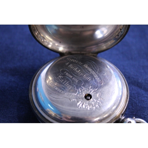 199 - A hallmarked for Chester silver gentleman's pocket watch with inscription on inner case dated 1871