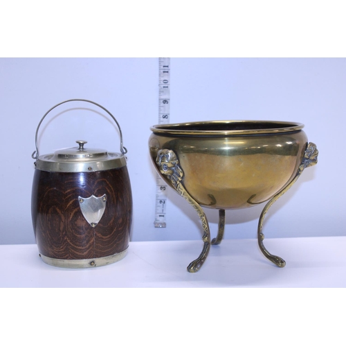 195 - A three legged brass planter and a oak and metal ice bucket