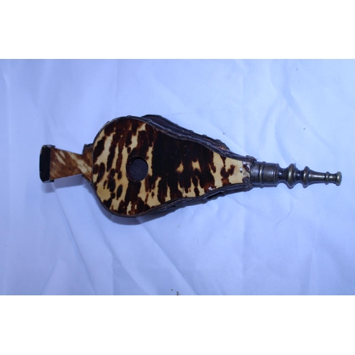 32 - An antique tortoise shell bellows with M.O.P decoration A/F