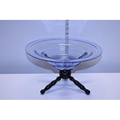 40 - A large blue art glass bowl on wooden stand shipping unavailable