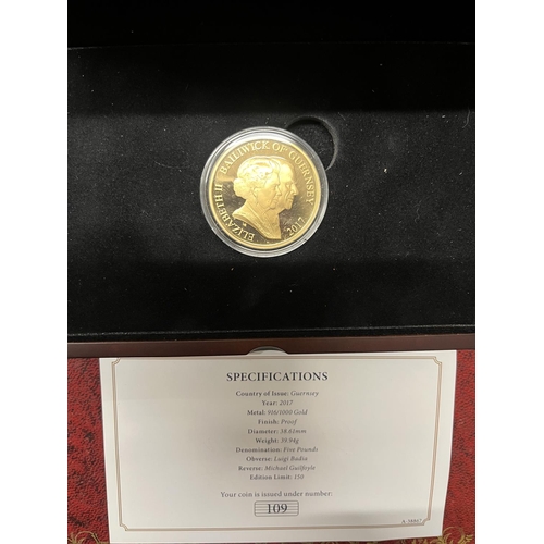 205D - A Westminster Mint November 20th 2017 limited edition 22ct gold proof five pound coin 109/150. 39.94... 